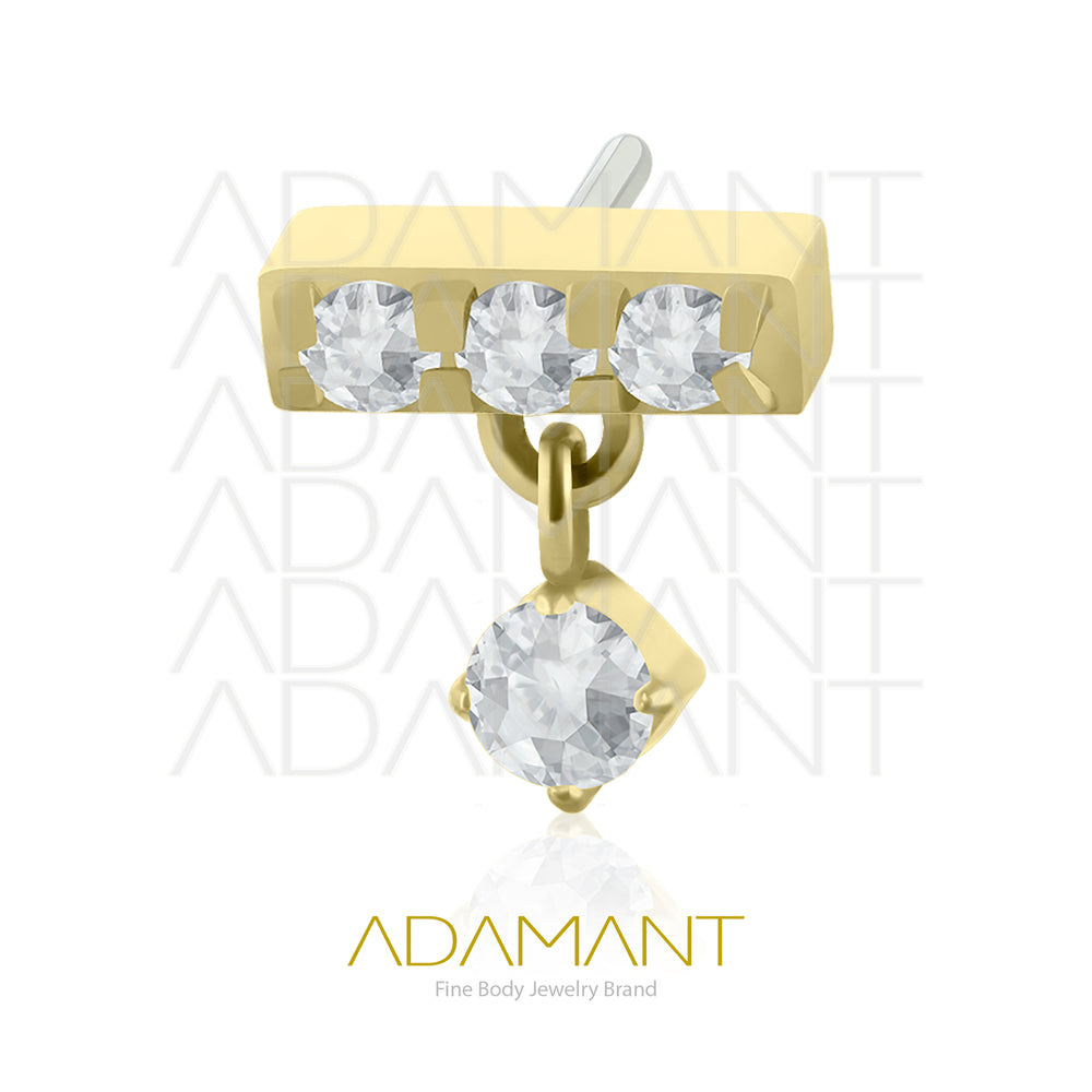 14k Solid Gold, Threadless End, 3 Multi-Gem rectangular with Dangle, Prong set, Cubic Zirconia.