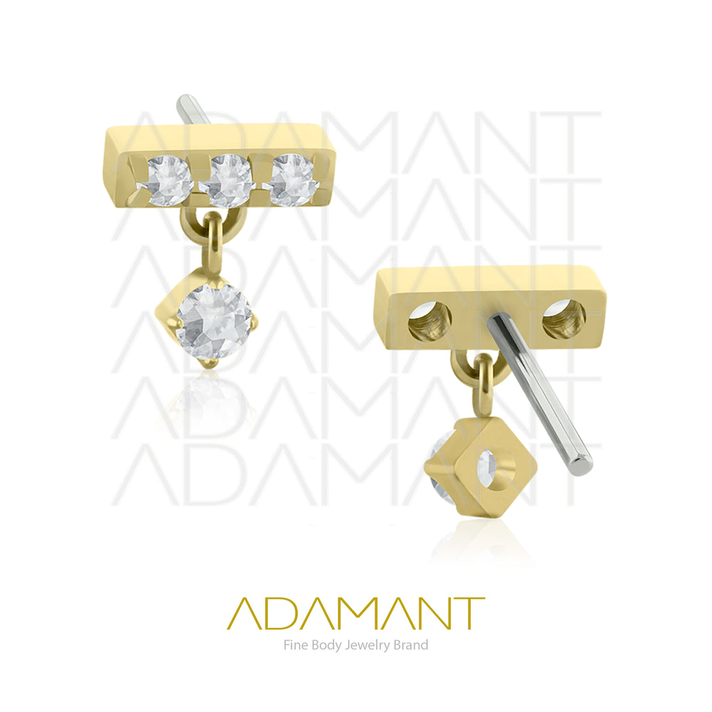 14k Solid Gold, Threadless End, 3 Multi-Gem rectangular with Dangle, Prong set, Cubic Zirconia.