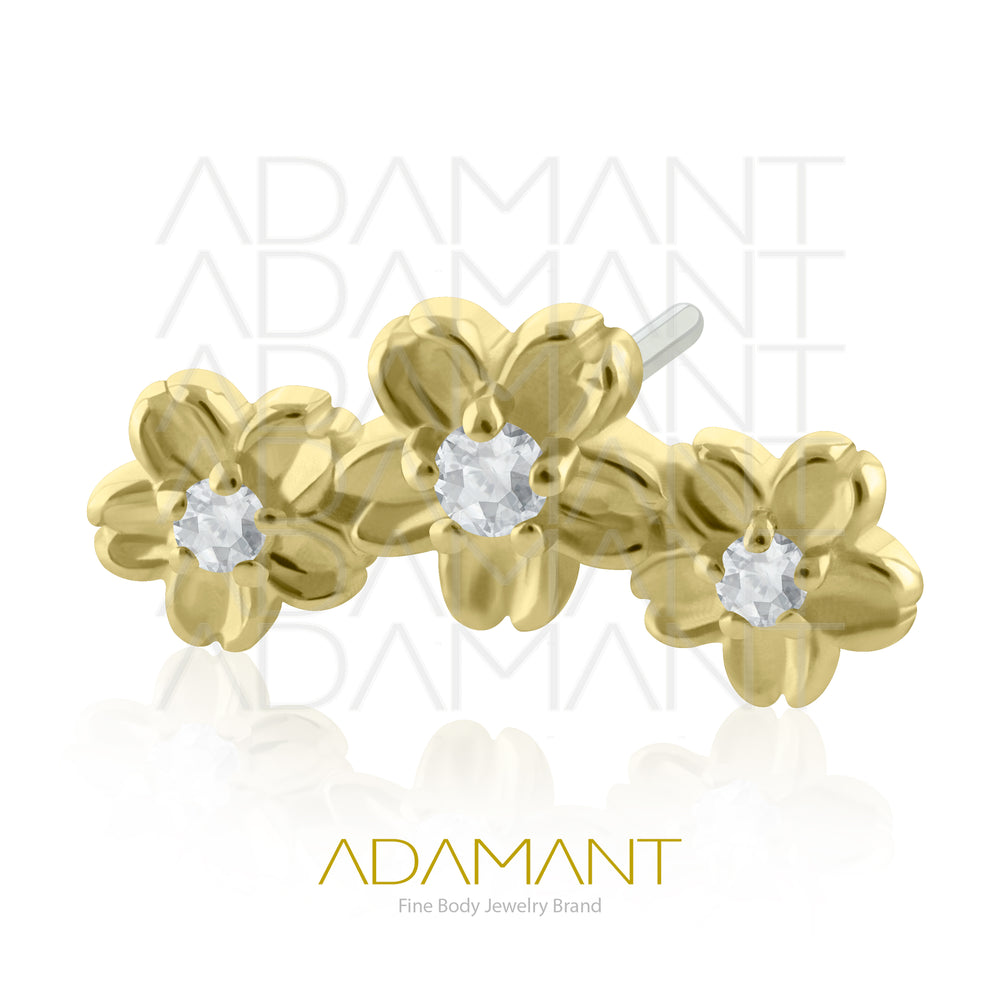 14K Solid Gold Threadless End, Triple Flower, Prong set, Cubic Zirconia