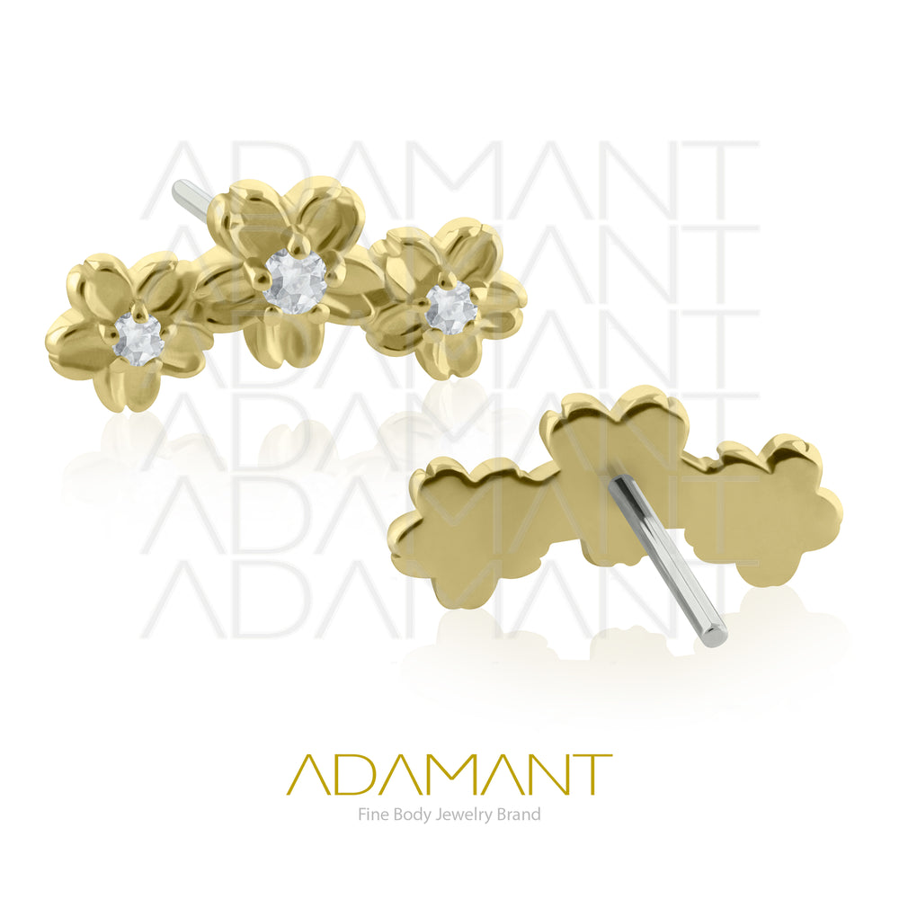 14K Solid Gold Threadless End, Triple Flower, Prong set, Cubic Zirconia