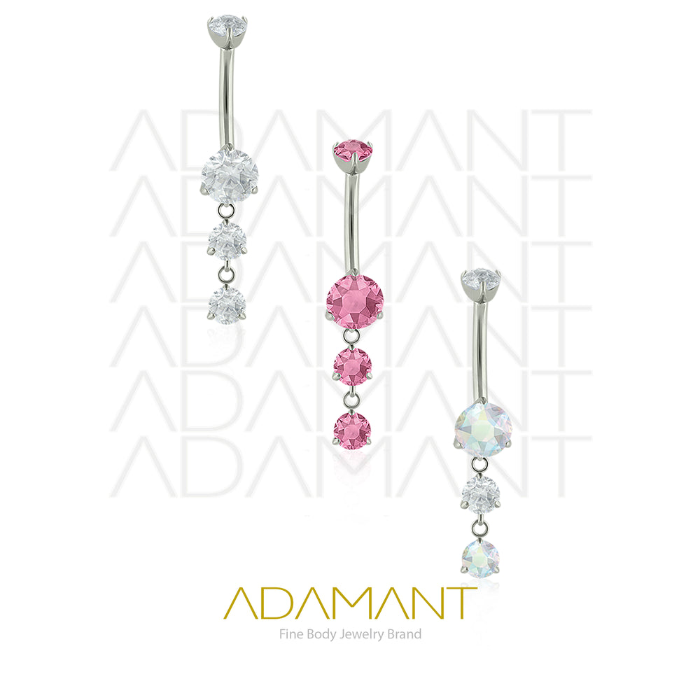 14g, Internally Threaded, Navel Curve, Titanium, Dangle Triple Prong Set 3, Cubic Zirconia