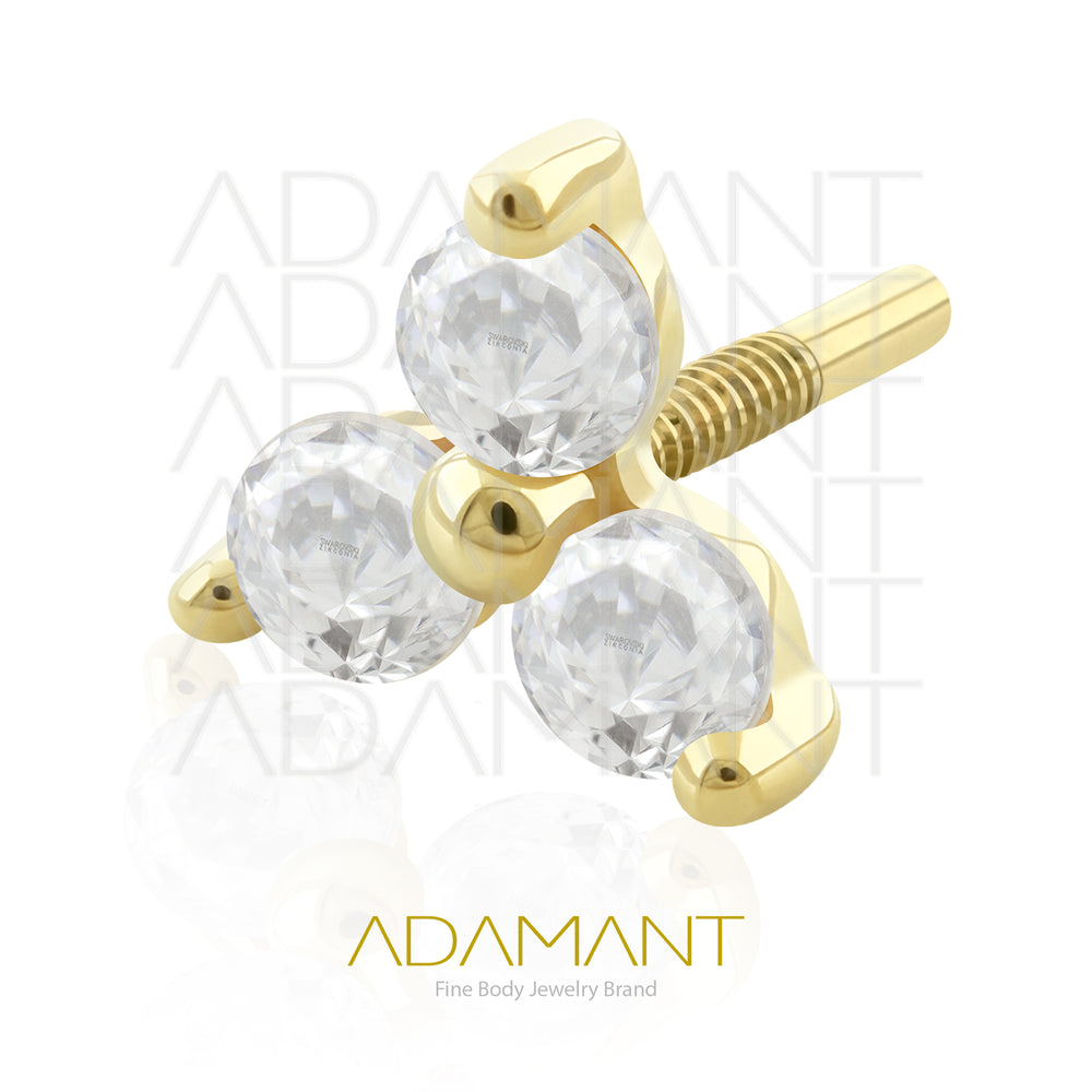 16g, 14k Solid Yellow Gold Long Thread Labret, 0.8mm threading, Trinity, Prong Set, Cubic Zirconia