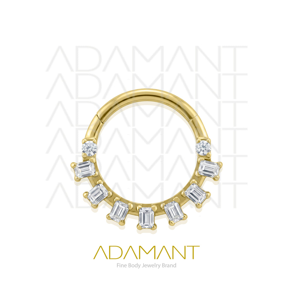 16g, Hinged Ring, Plated Gold Titanium, Halo Arc Front Facing, Prong set, Cubic Zirconia.