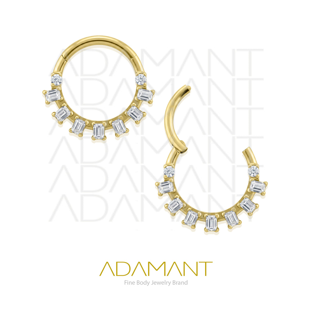 16g, Hinged Ring, Plated Gold Titanium, Halo Arc Front Facing, Prong set, Cubic Zirconia.