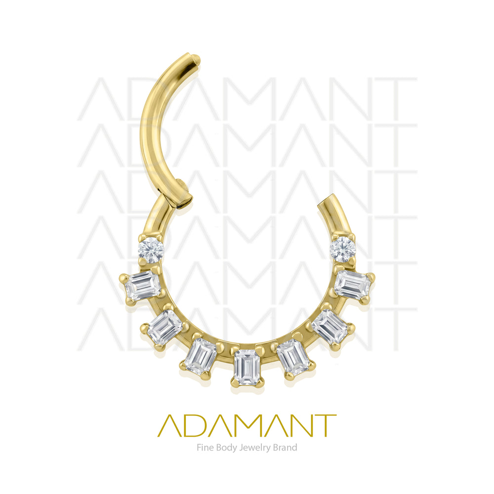 16g, Hinged Ring, Plated Gold Titanium, Halo Arc Front Facing, Prong set, Cubic Zirconia.