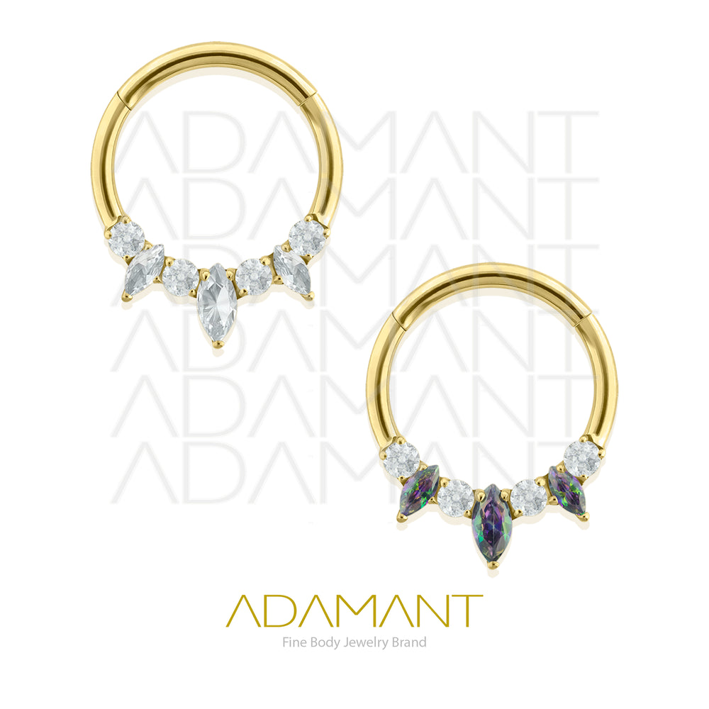 16g, Hinged Ring, Plated Gold Titanium, Triple Marquise, Prong set, Cubic Zirconia.
