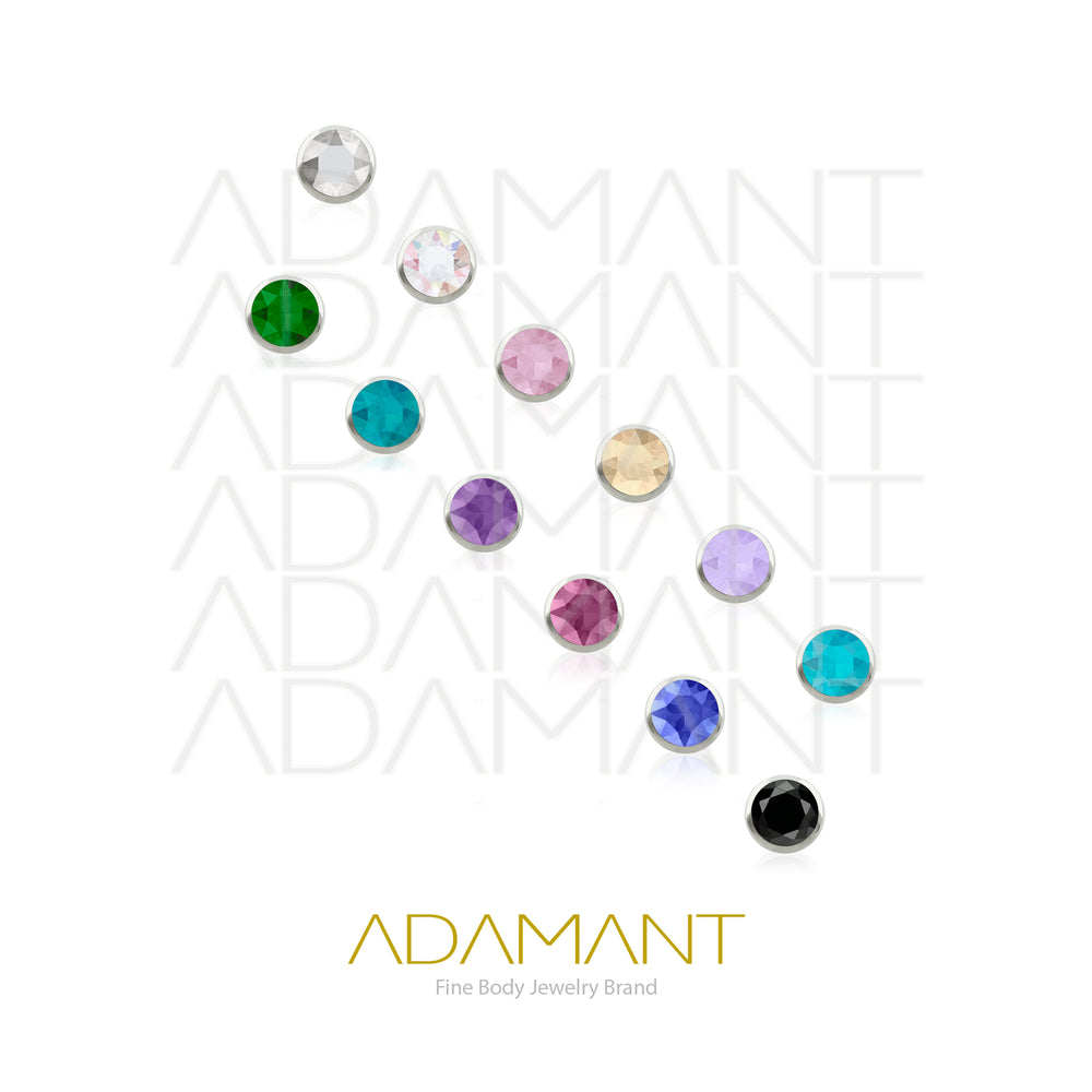 18g-16g, Internally Threaded, Accessory, Titanium, 0.9mm threading, Bezel set, Flat Gem