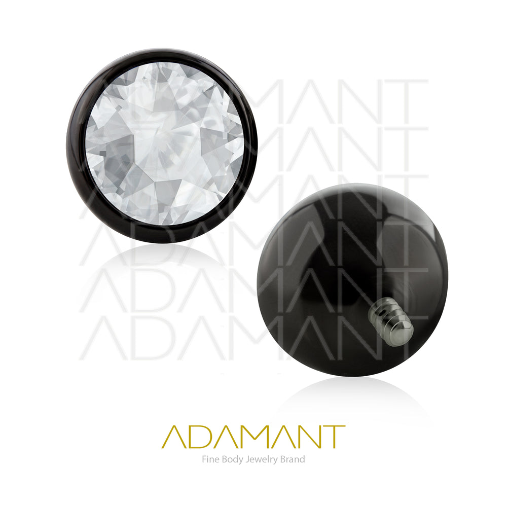 18g-16g, Internally Threaded, Accessory, Titanium PVD Black, 0.9mm threading, Bezel set concave, Cubic Zirconia