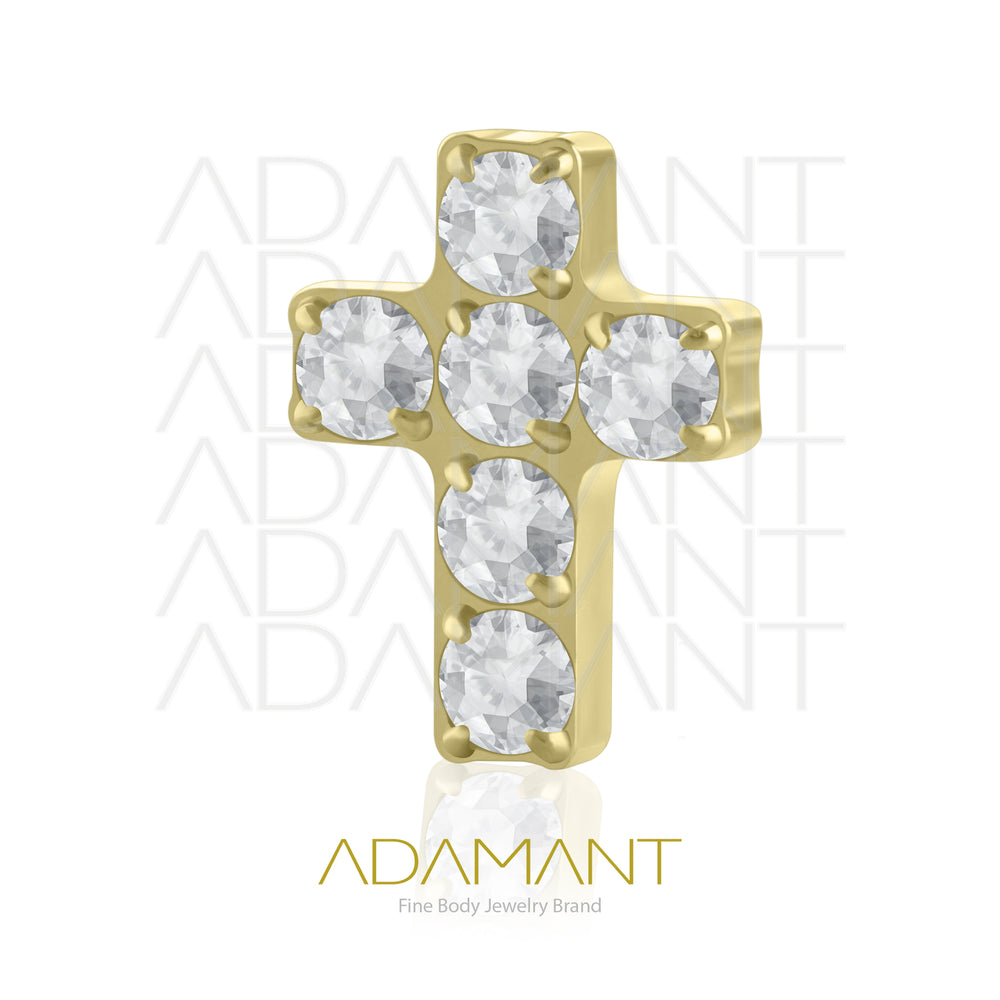 18g-16g, Internally Threaded, Accessory, Plated Gold Titanium, 0.9mm threading, Cross, Prong set, Cubic Zirconia.