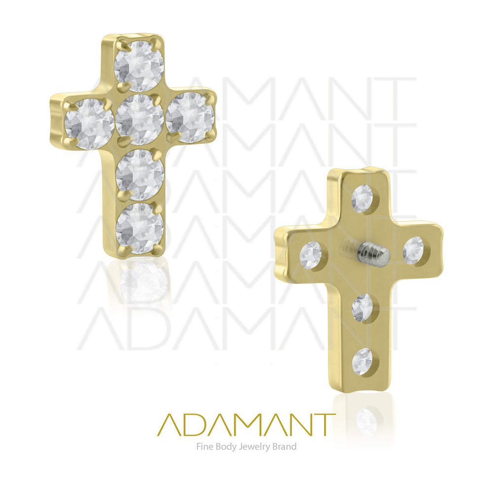 18g-16g, Internally Threaded, Accessory, Plated Gold Titanium, 0.9mm threading, Cross, Prong set, Cubic Zirconia.