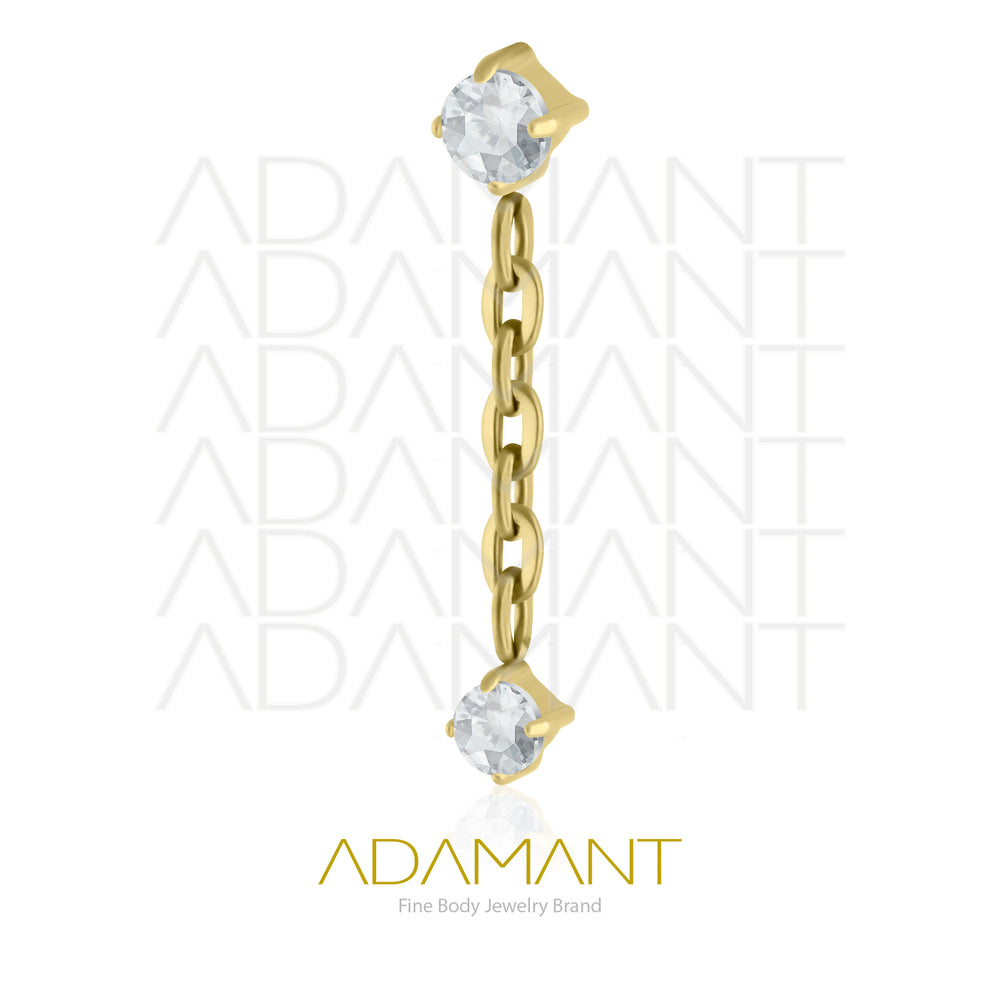 18g-16g, Internally Threaded, Accessory, Titanium Gold Plated, 0.9mm threading, Double Prong set, Cubic Zirconia with Chain.