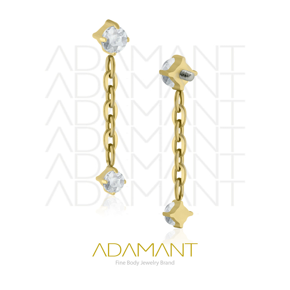 18g-16g, Internally Threaded, Accessory, Titanium Gold Plated, 0.9mm threading, Double Prong set, Cubic Zirconia with Chain.