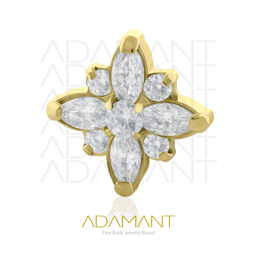 18g-16g, Internally Threaded en Plated Gold Titanium, 0.9mm threading,  Flower Marquise, Prong set, Cubic zirconia.