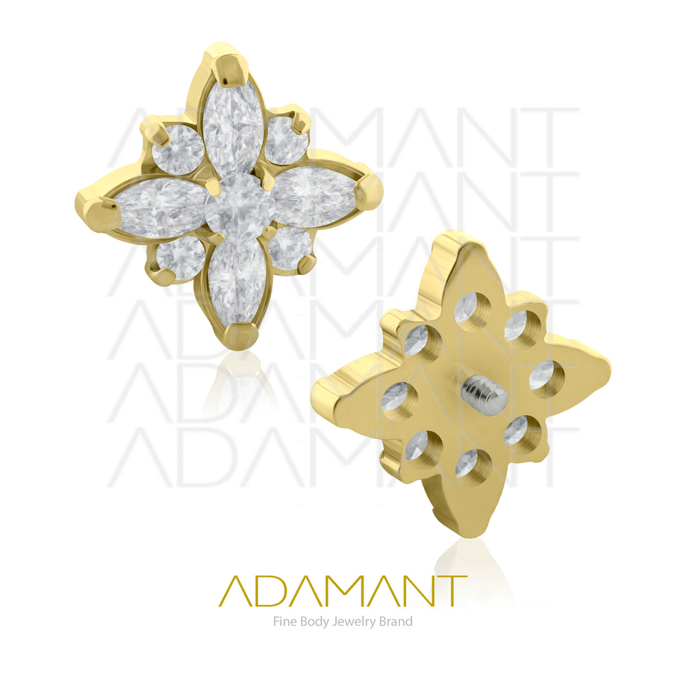 18g-16g, Internally Threaded en Plated Gold Titanium, 0.9mm threading,  Flower Marquise, Prong set, Cubic zirconia.