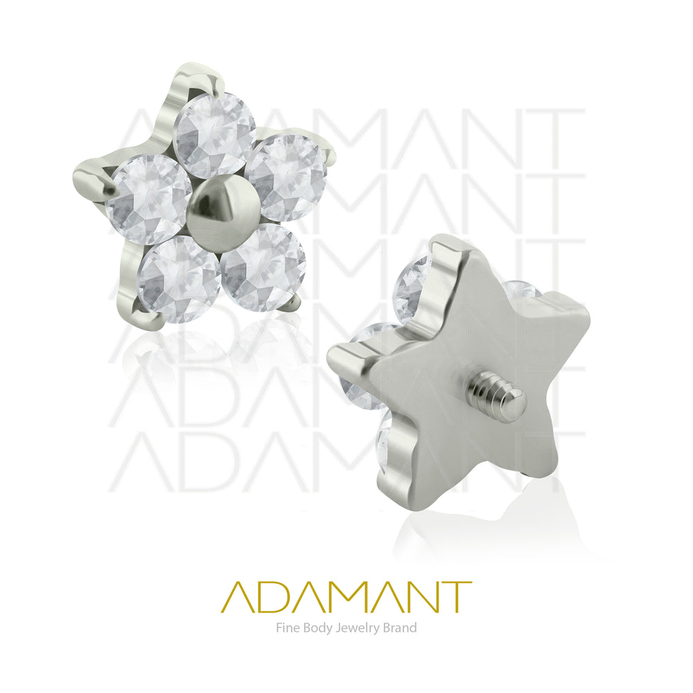 18g-16g, Threaded, Accessory, Titanium, 0.9mm threading, Hexaflower, Prong set, Cubic Zirconia with Flat Centre.