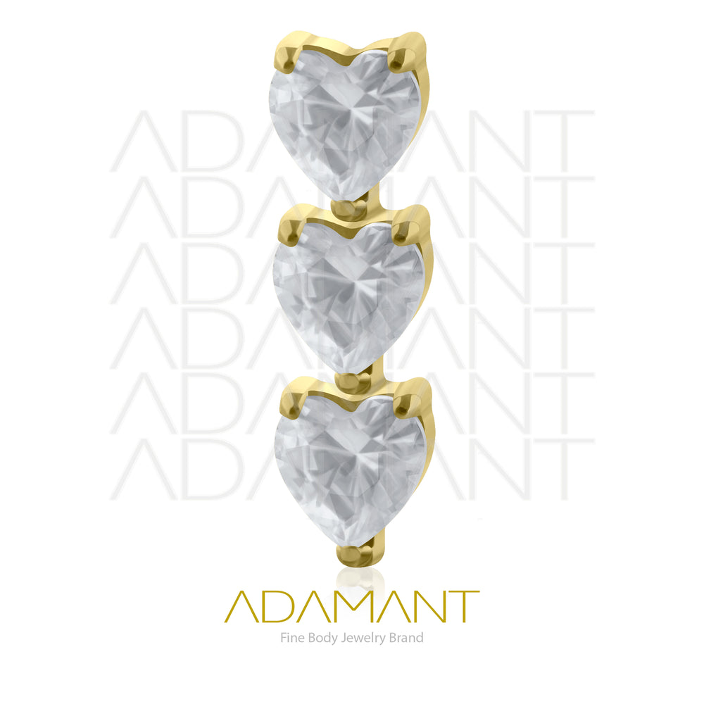 18g-16g, Internally Threaded, Accessory, Plated Gold Titanium, 0.9mm threading, Cluster triple Heart, Prong set, Cubic zirconia.