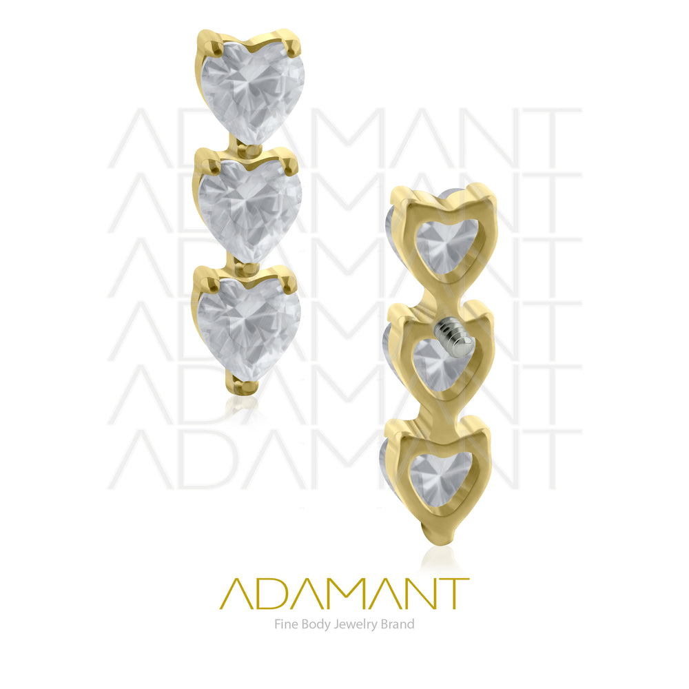 18g-16g, Internally Threaded, Accessory, Plated Gold Titanium, 0.9mm threading, Cluster triple Heart, Prong set, Cubic zirconia.