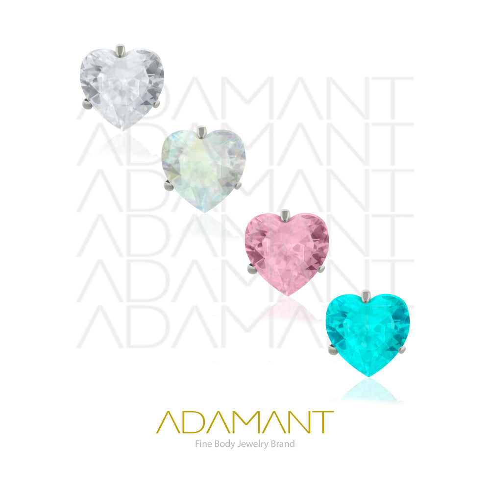 18g-16g, Internally Threaded, Accessory, Titanium, 0.9mm threading, Heart Prong set, Cubic Zirconia.
