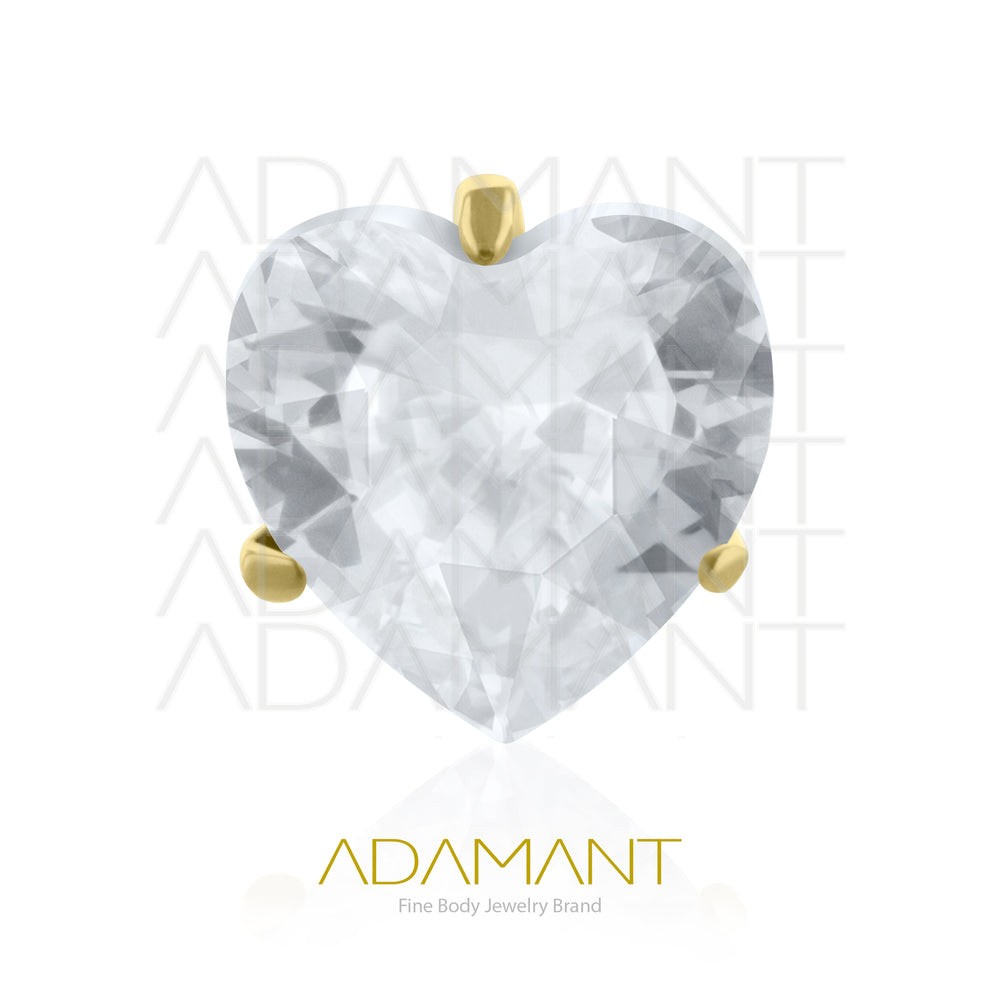 18g-16g, Internally Threaded, Accessory, Plated Gold Titanium, 0.9mm threading, Heart Prong set, Cubic Zirconia.