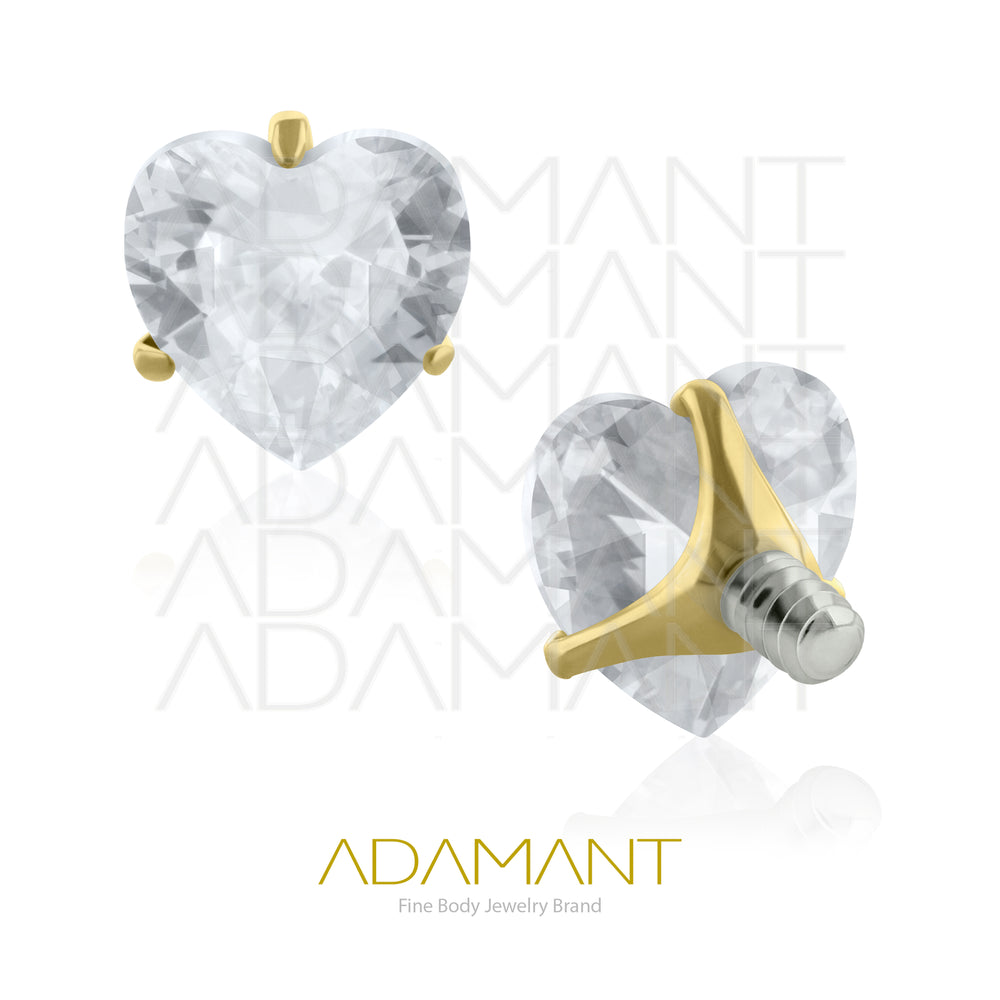 18g-16g, Internally Threaded, Accessory, Plated Gold Titanium, 0.9mm threading, Heart Prong set, Cubic Zirconia.