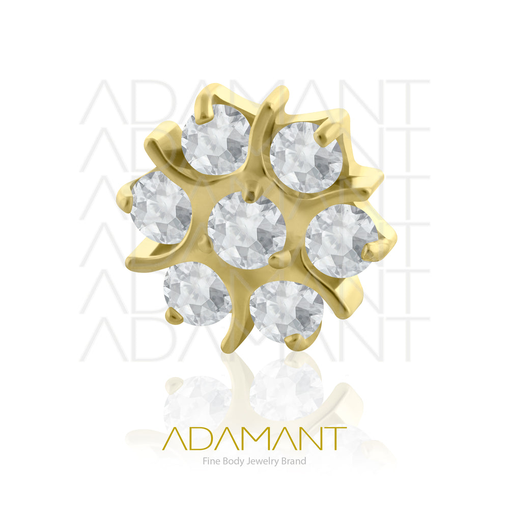 18g-16g, Internally Threaded en Plated Gold Titanium, 0.9mm threading, Sacred Flower, Prong set, Cubic Zirconia