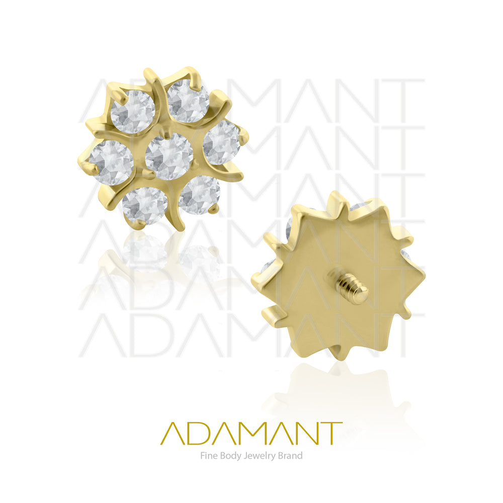 18g-16g, Internally Threaded en Plated Gold Titanium, 0.9mm threading, Sacred Flower, Prong set, Cubic Zirconia