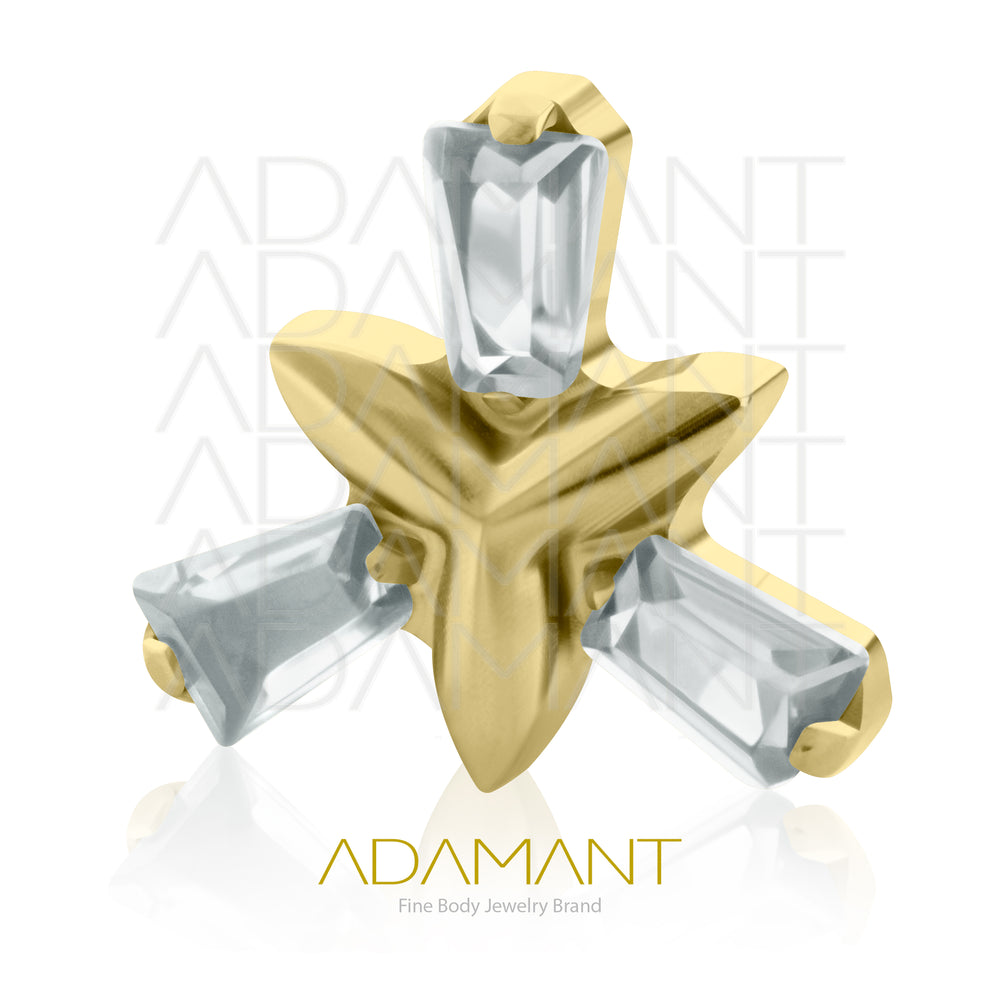 18g-16g, Internally Threaded, Accessory, Plated Gold Titanium, 0.9mm threading, Special Trinity Baguette, Prong set, Cubic zirconia.