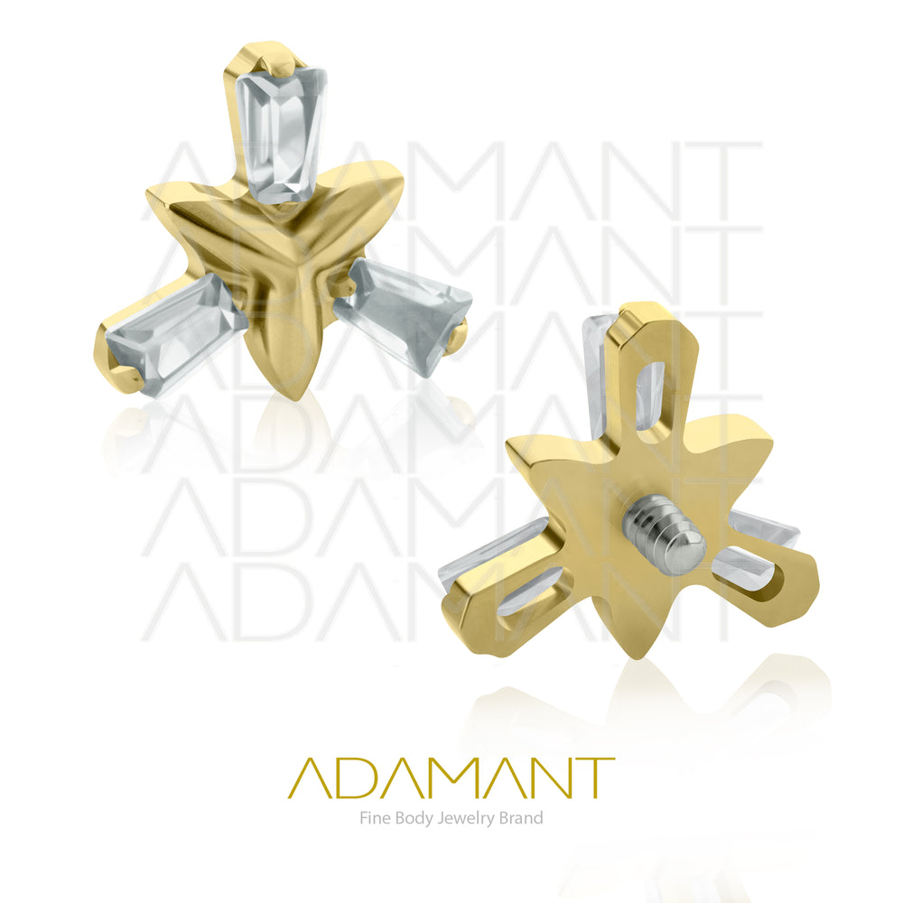 18g-16g, Internally Threaded, Accessory, Plated Gold Titanium, 0.9mm threading, Special Trinity Baguette, Prong set, Cubic zirconia.