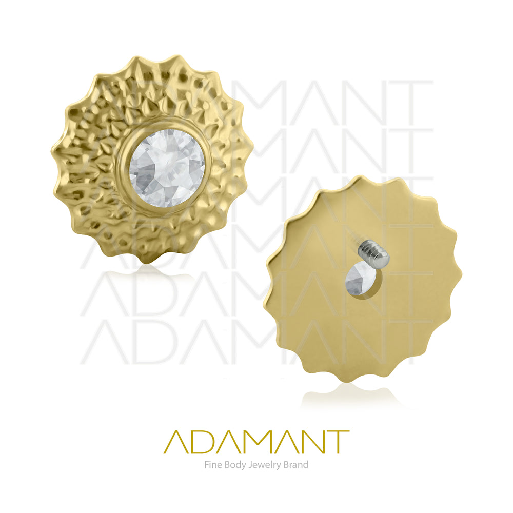 18g-16g, Internally Threaded en Plated Gold Titanium, 0.9mm threading,  Sun Beveling, Bezel set, Cubic zirconia