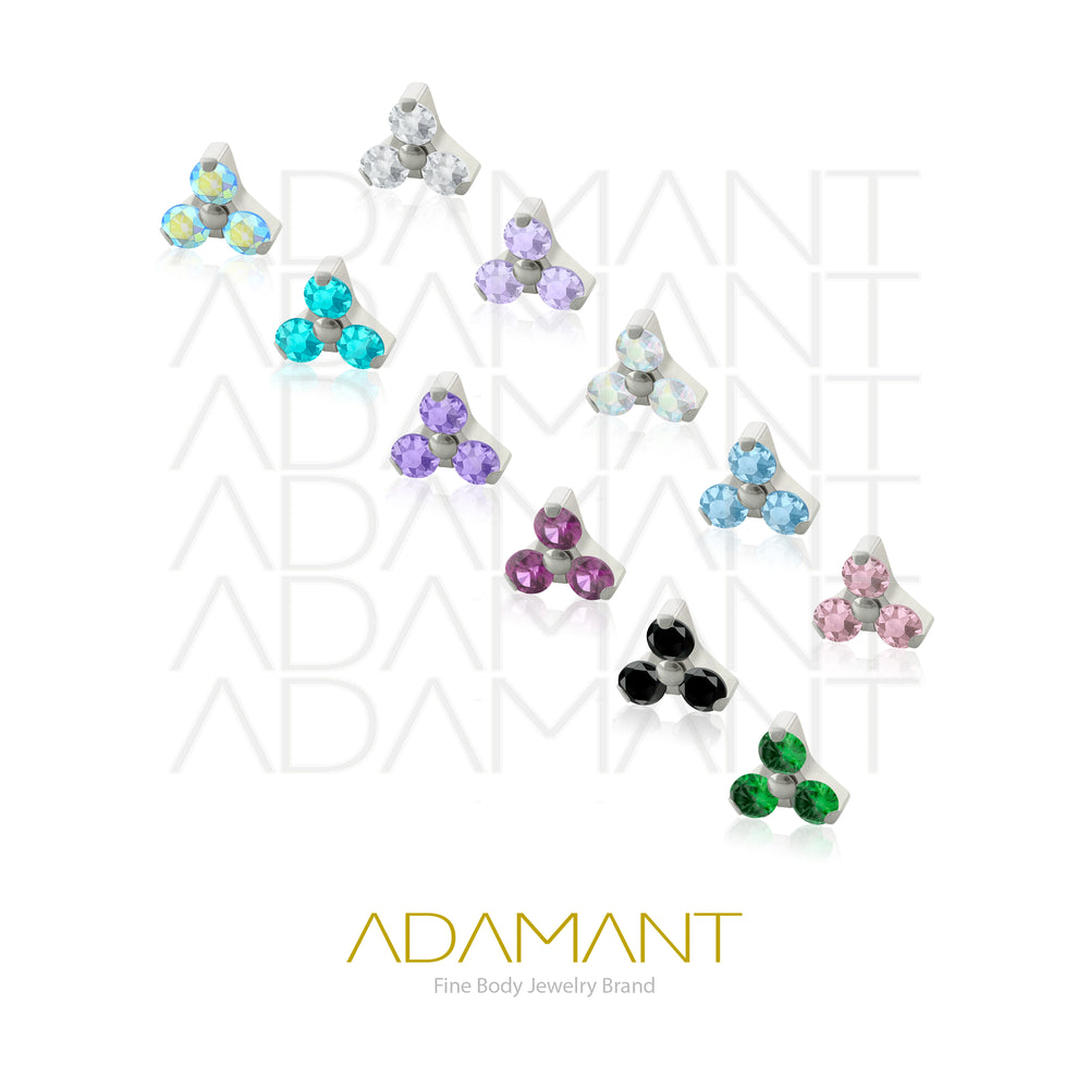 18g-16g, Internally Threaded, Accessory, Titanium, 0.9mm threading, Mini Trinity, Prong set, Cubic Zirconia.