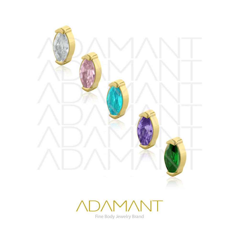 18g-16g, Internally Threaded, Accessory, Plated Gold Titanium, 0.9mm threading, Single Marquise, Prong set, Cubic Zirconia