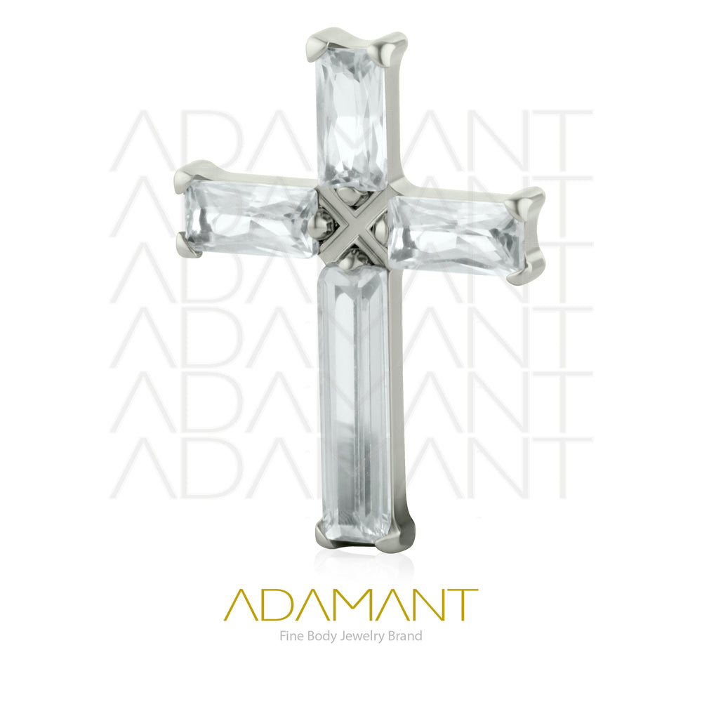 18g-16g, Internally Threaded, Accessory, Titanium, 0.9mm threading, Baguette Cross Prong set, Cubic Zirconia.