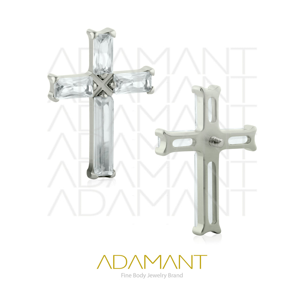 18g-16g, Internally Threaded, Accessory, Titanium, 0.9mm threading, Baguette Cross Prong set, Cubic Zirconia.