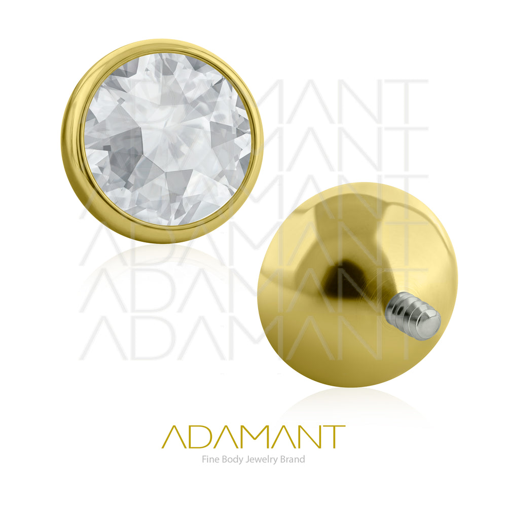 18g-16g, Internally Threaded, Accessory, Plated Gold Titanium, 0.9mm threading, Bezel set concave, Cubic Zirconia