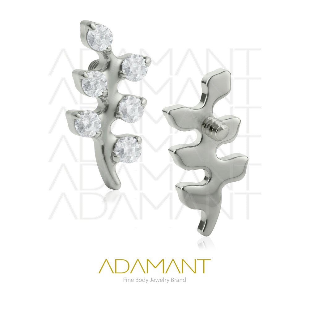 18g-16g, Internally Threaded, Accessory, Titanium, 0.9mm Threading, Branch leaves, Prong set, Cubic Zirconia.