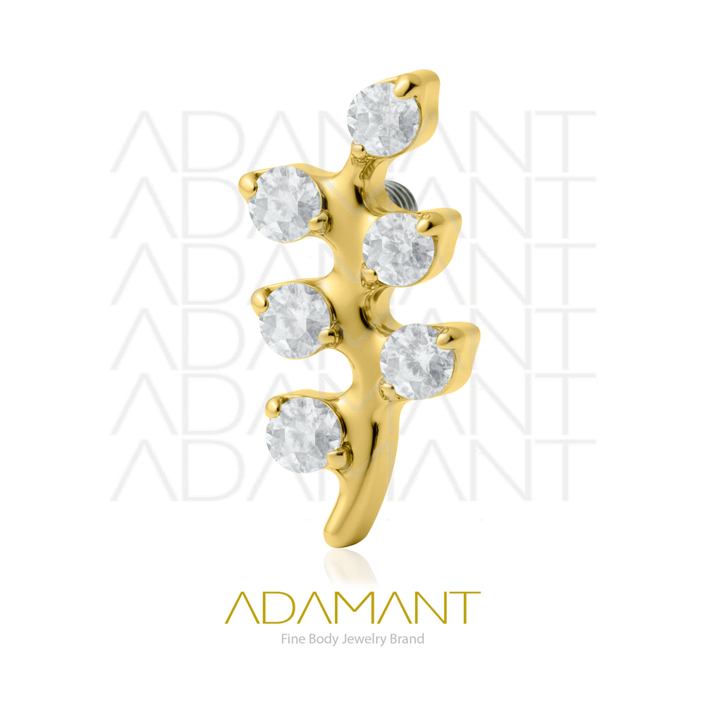 18g-16g, Internally Threaded, Accessory, Plated Gold Titanium, 0.9mm Threading, Branch leaves, Prong set, Cubic Zirconia.