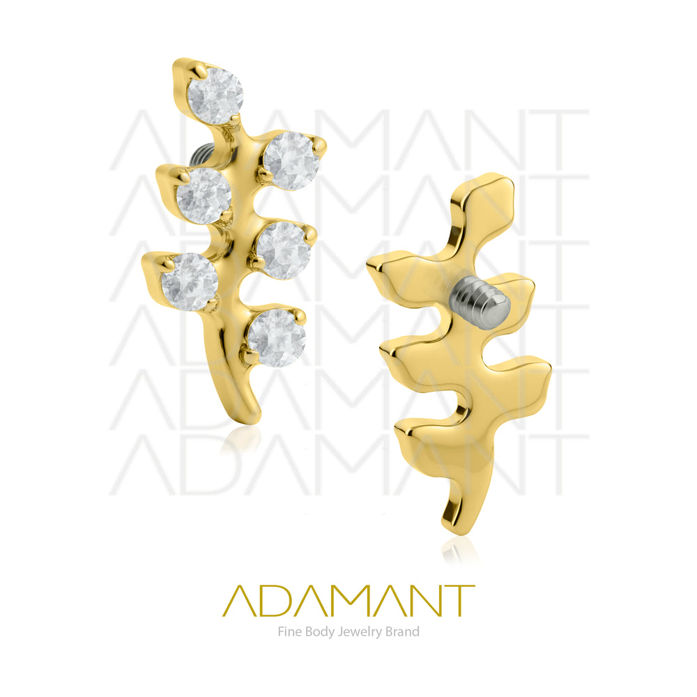 18g-16g, Internally Threaded, Accessory, Plated Gold Titanium, 0.9mm Threading, Branch leaves, Prong set, Cubic Zirconia.