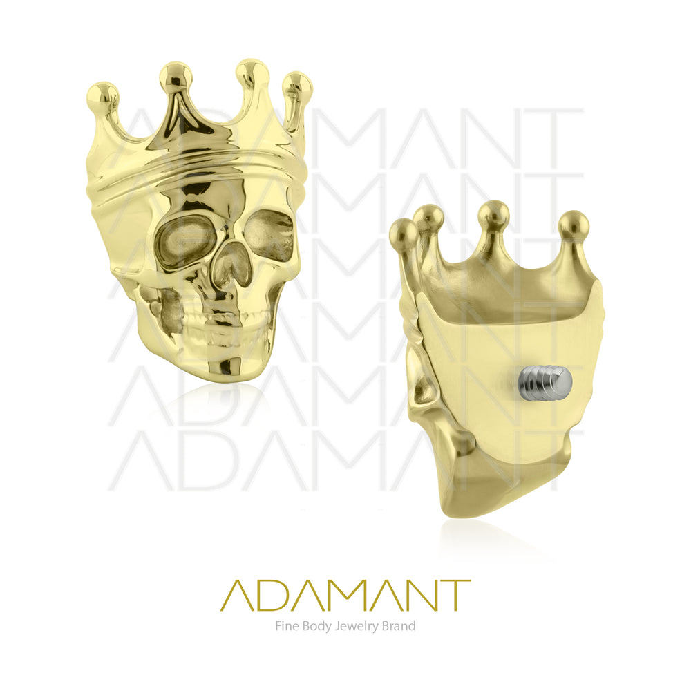 18g-16g, Internally Threaded, Accessory, Plated Gold Titanium, 0.9mm threading, Crowned Skull.