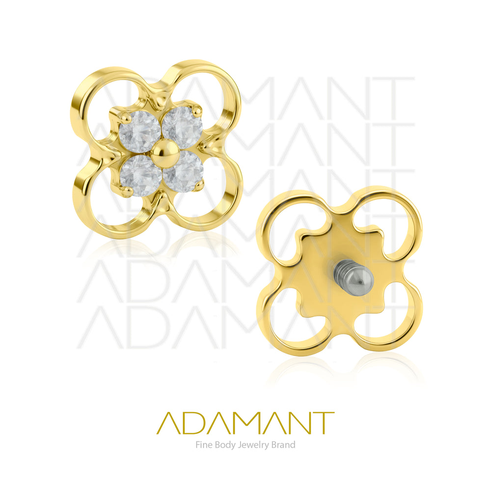 18g-16g, Internally Threaded, Accessory, Plated Gold Titanium, 0.9mm Threading, Flower pendant, Prong set, Cubic Zirconia.