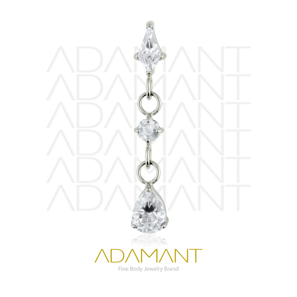 18g-16g, Internally Threaded, Accessory, Titanium, 0.9mm threading, Gem Trio Chain,Prong set, Cubic Zirconia.