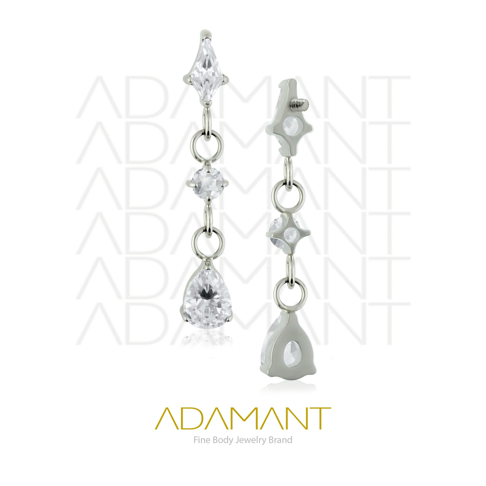 18g-16g, Internally Threaded, Accessory, Titanium, 0.9mm threading, Gem Trio Chain,Prong set, Cubic Zirconia.