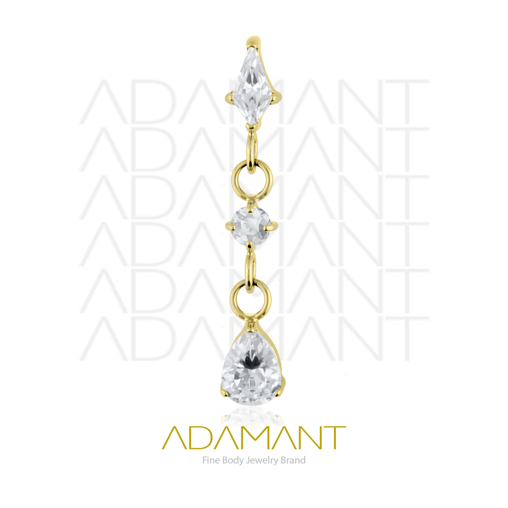 18g-16g, Internally Threaded, Accessory, Plated Gold Titanium, 0.9mm threading, Gem Trio Chain, Prong set, Cubic Zirconia.