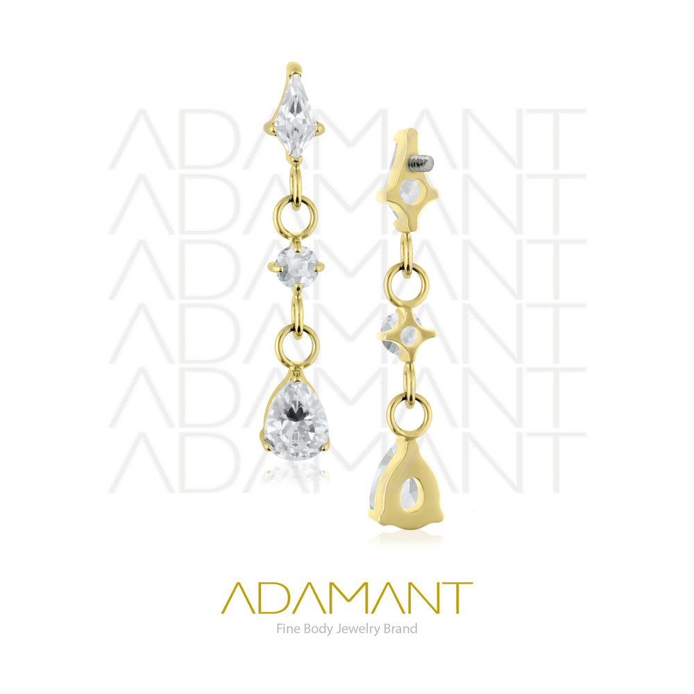 18g-16g, Internally Threaded, Accessory, Plated Gold Titanium, 0.9mm threading, Gem Trio Chain, Prong set, Cubic Zirconia.