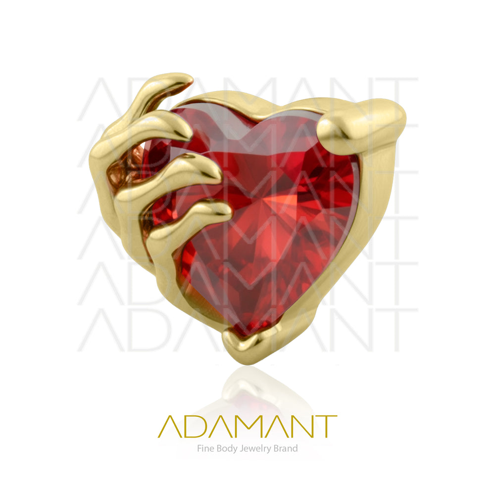 18g-16g, Internally Threaded, Accessory, Plated Gold Titanium, 0.9mm threading, Grim Heart Prong set, Cubic Zirconia.