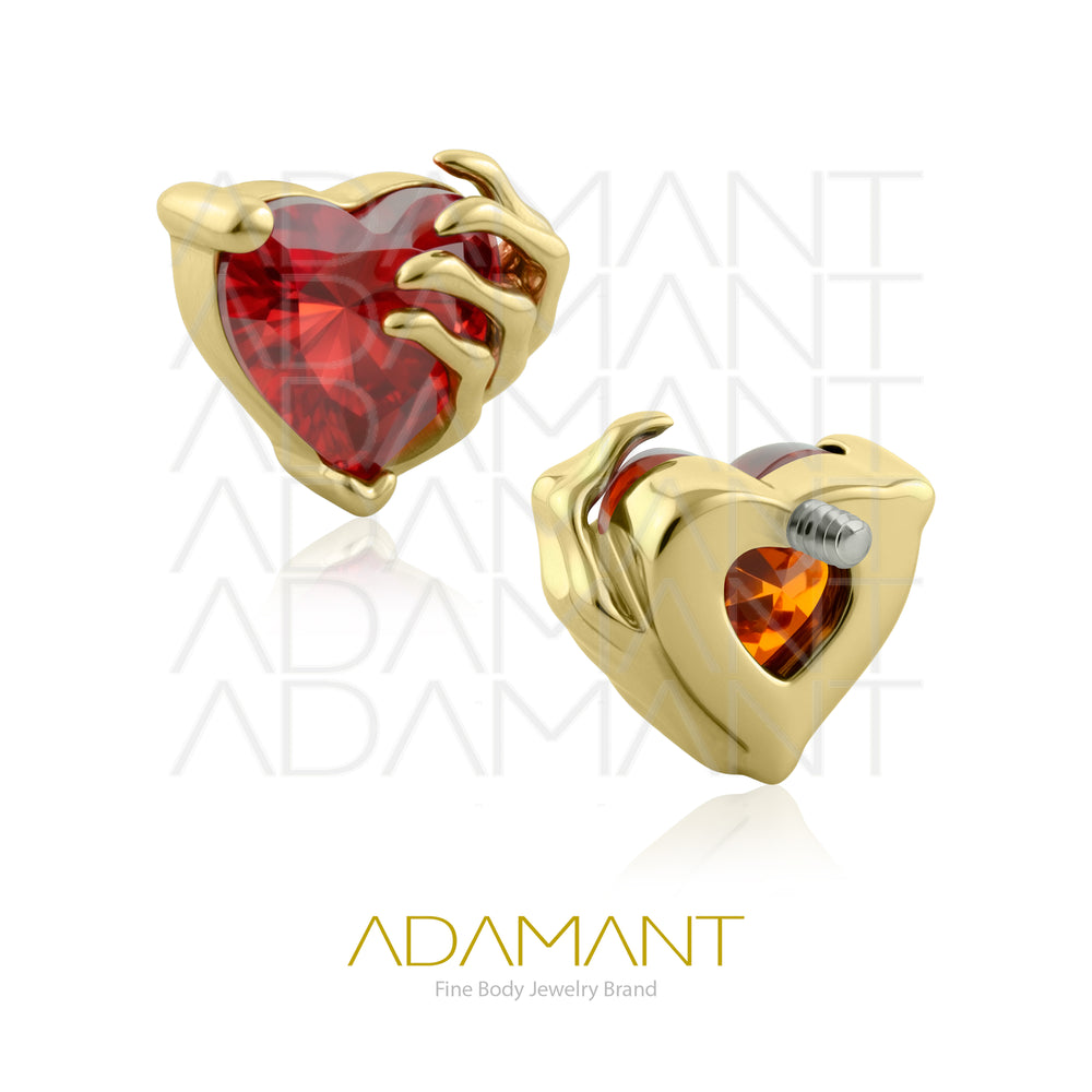 18g-16g, Internally Threaded, Accessory, Plated Gold Titanium, 0.9mm threading, Grim Heart Prong set, Cubic Zirconia.