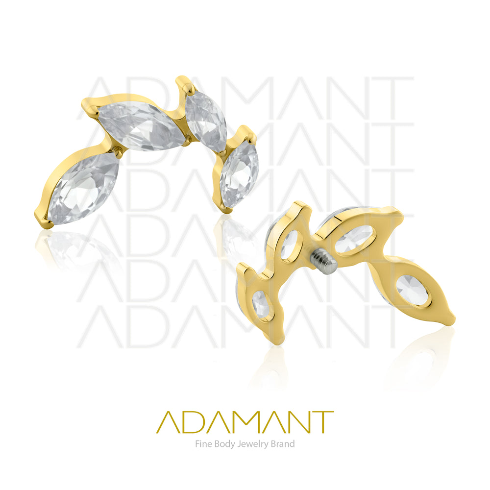 18g-16g, Internally Threaded, Accessory, Plated Gold Titanium, 0.9mm Threading, Leaf Marquise, Prong set, Cubic Zirconia.