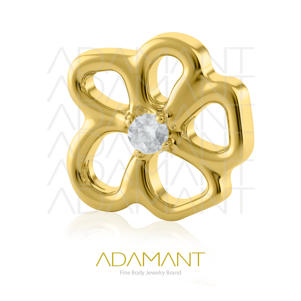 18g-16g, Internally Threaded, Accessory, Plated Gold Titanium, 0.9mm Threading, Open Flower, Prong set, Cubic Zirconia.
