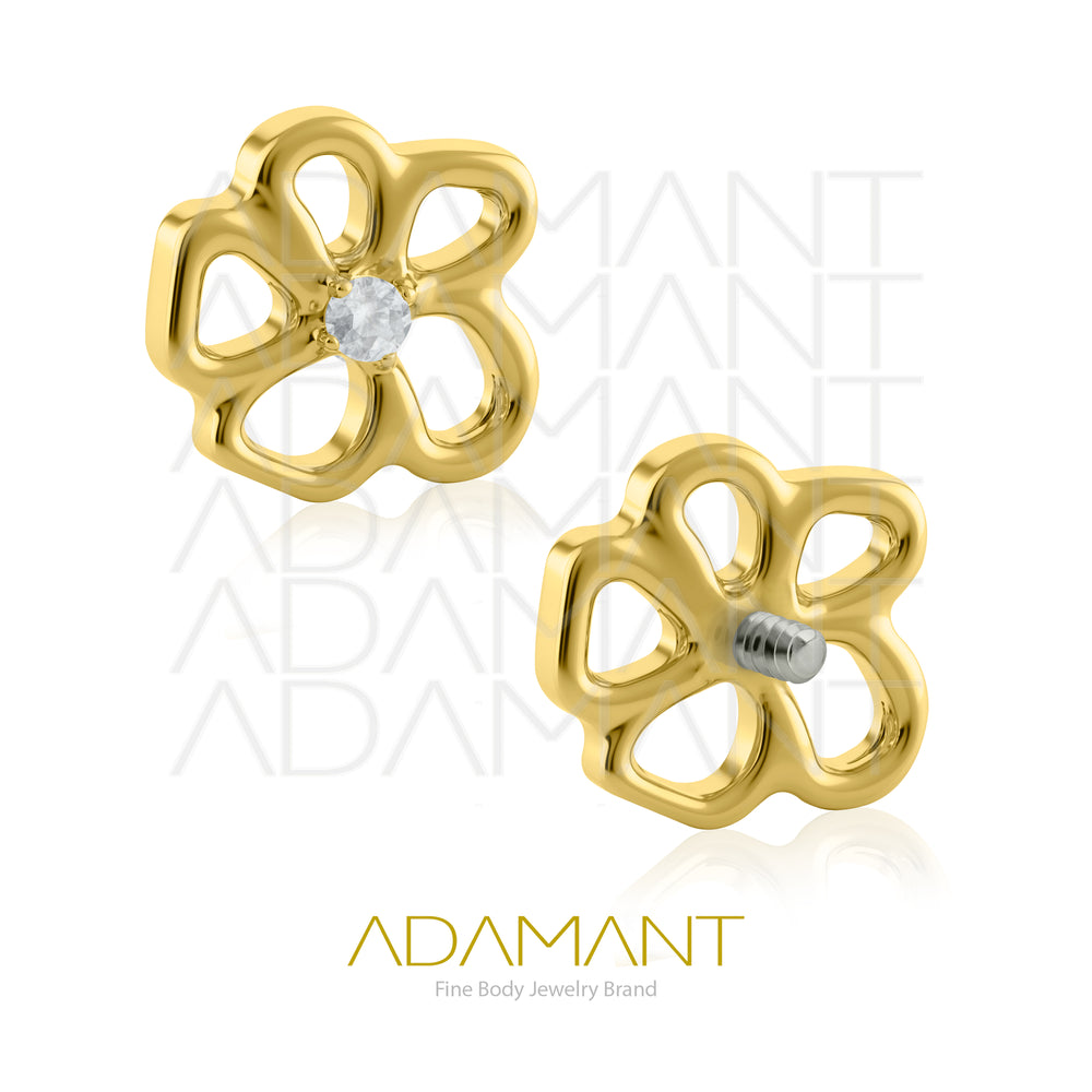 18g-16g, Internally Threaded, Accessory, Plated Gold Titanium, 0.9mm Threading, Open Flower, Prong set, Cubic Zirconia.
