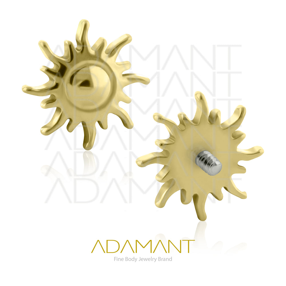 18g-16g, Internally Threaded, Accessory, Plated Gold Titanium, 0.9mm threading, Radiant Sun.