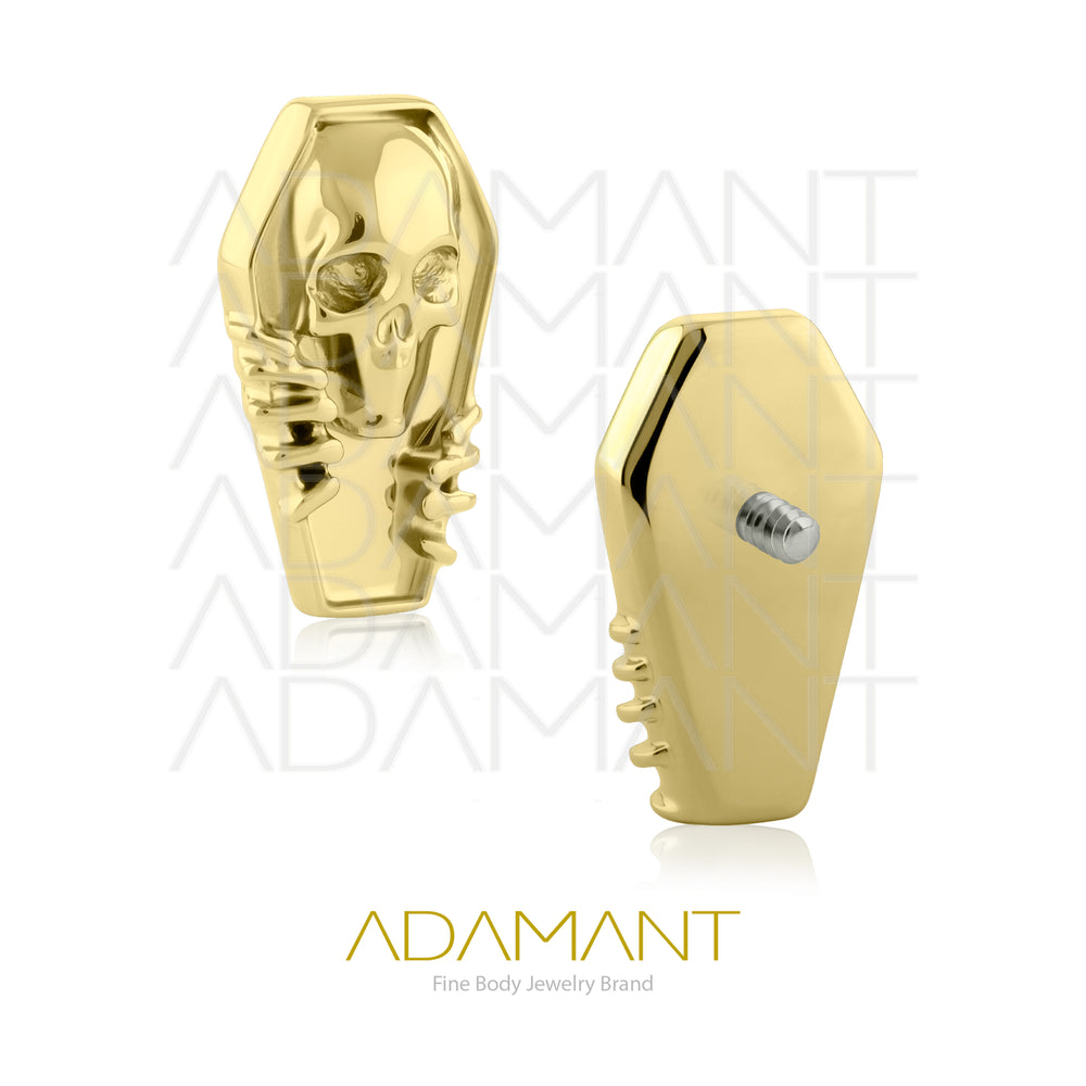 18g-16g, Internally Threaded, Accessory, Plated Gold Titanium, 0.9mm threading, Grim Coffin.